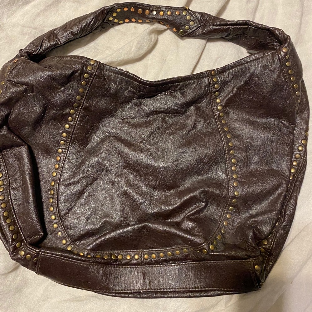Dark brown satchel bag with bronze stud accents